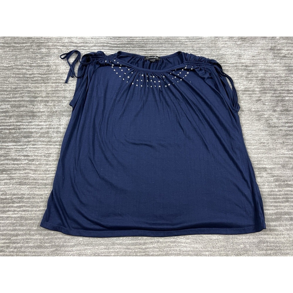 a...love story Top Womens XL Navy Blue Rhinestone Cold Shoulder Tie Sleeve XL